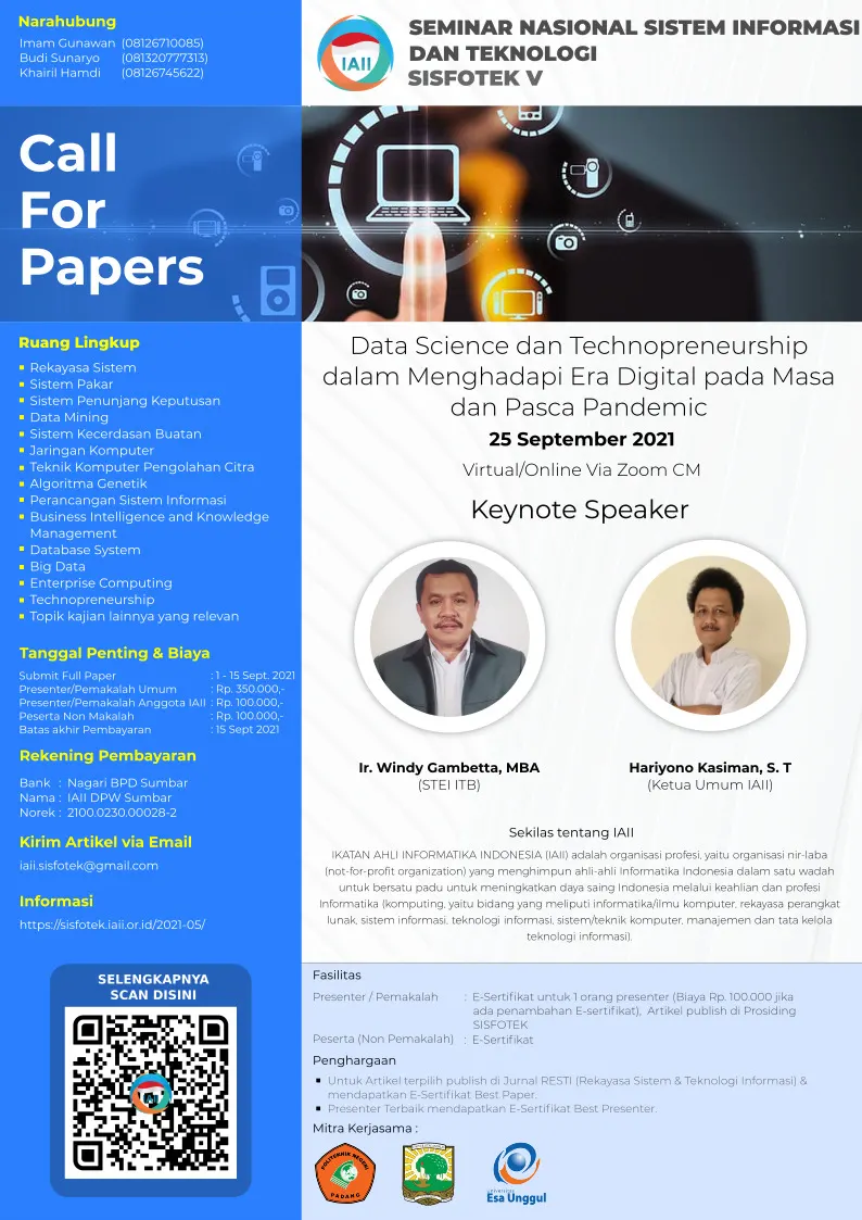 Call For Papers: Seminar Nasional SISFOTEK ke V Tahun 2021